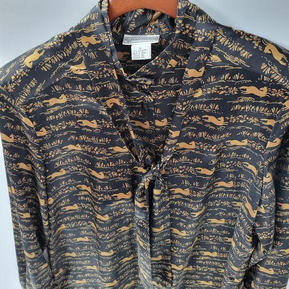 Vintage Evan-Picone Horse Print Tie Neck Blouse Size 16 Shoulder Pads Button Up - Picture 15 of 16